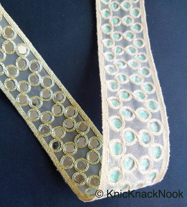 Gold Sheer Fabric Lace Trim With Gold Embroidery And Mirror Embellishments, Wedding Trims, Indian - 210119L16